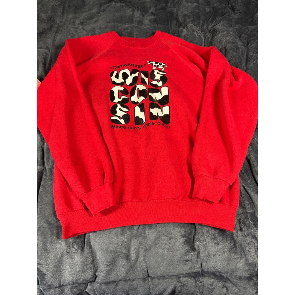 Vtg Fruit of the Loom Wisconsin Cow Camo Sweatshirt XL Red Made USA